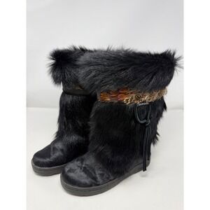 Y2K Bearpaw Kola II Black Calf Skin Goat Fur Feather Trim Winter Boots Womens 7